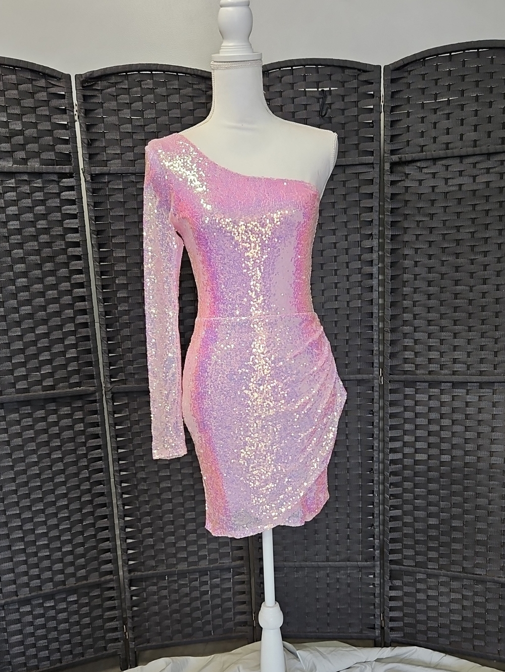 B Darlin Iridescent Pink One-Shoulder Sequin Mini Dress